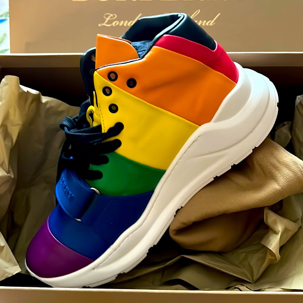 New gorgeous colorful Burberry Regis Rainbow Stripe High-Top Sneakers